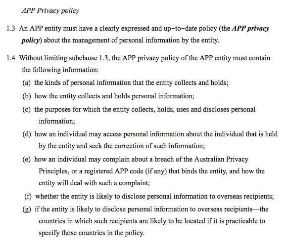 Sample Privacy Policy requirements under Australia Privacy Act