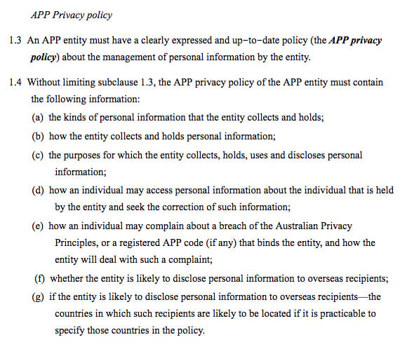 Sample Privacy Policy requirements under Australia Privacy Act