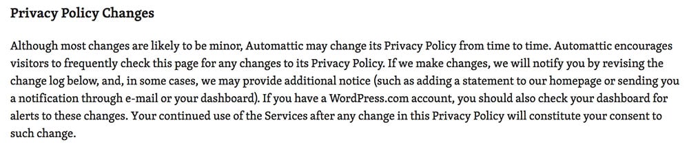 Automattic Privacy Policy: Privacy Policy Changes clause