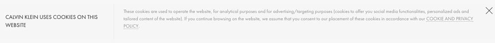 Calvin Klein: Cookies notification banner in header of website as passive user consent example