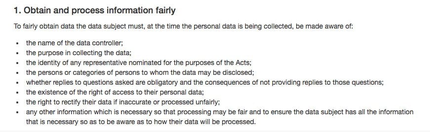 Data Protection Commissioner&#039;s Guide for Data Controllers: Obtain and Process Information Fairly - GDPR