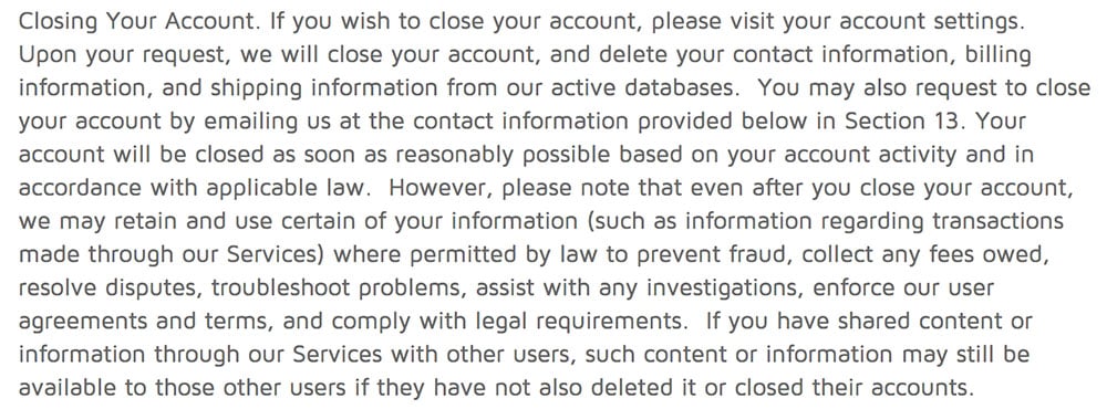 DocuSign Privacy Policy: Closing your account clause screenshot