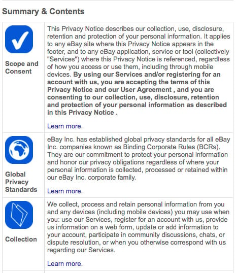 Screenshot of eBay Mobile App User Privacy Notice