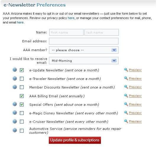 Example of E-Newsletters Preferences Dashboard: Update Subscriptions