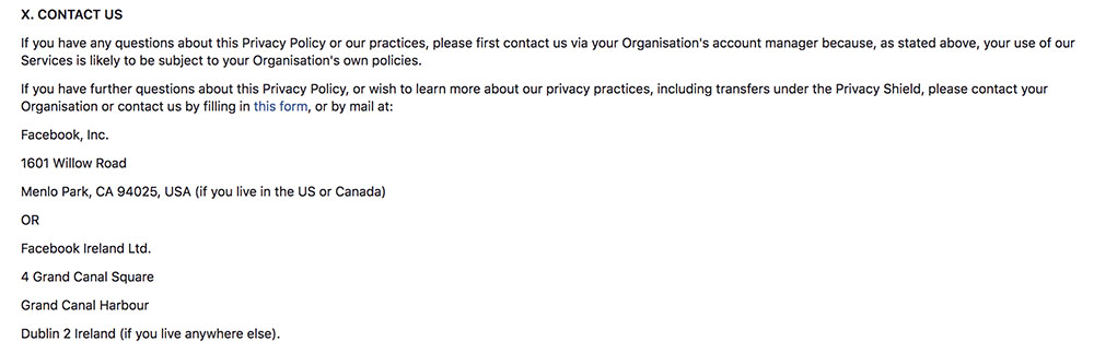 Facebook Privacy Policy: Contact Us clause