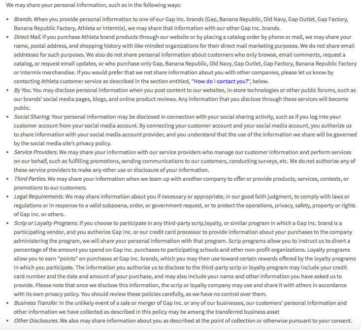 Gap Privacy Policy: Third parties sharing clause