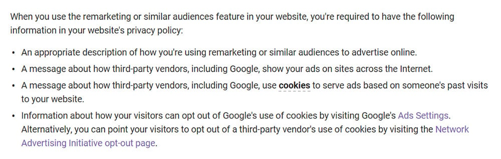 Google AdWords Help: What to Include in Remarketing Privacy Policy