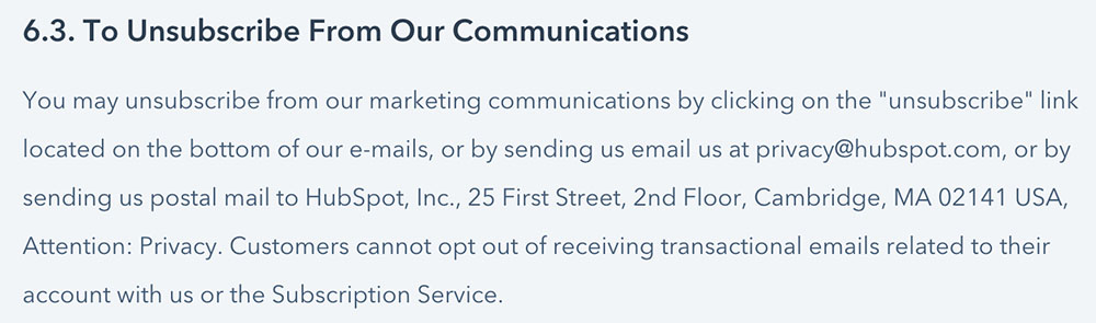 Hubspot Privacy Policy: Unsubscribe from our communications clause