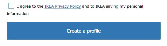 IKEA Create an account: I agree to Privacy Policy checkbox