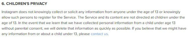 Instagram Privacy Policy: Children Privacy Clause