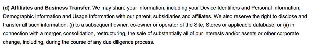 LUSH Cosmetics Privacy Policy: Affiliates and Business Transfer clause example