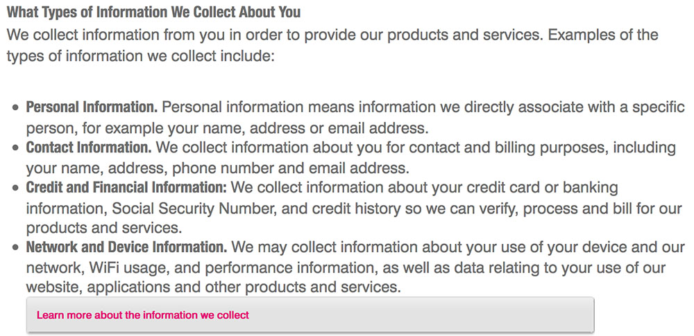 T-Mobile&#039;s Privacy Policy:  What types of personal information we collect clause