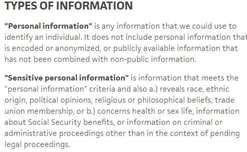 Trello: Example of Types of Information in Privacy Policy