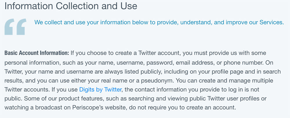 Twitter&#039;s Privacy Policy: Information Collection and Use clause