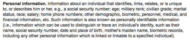 U.S. Defense Department: Definition of Personal Information