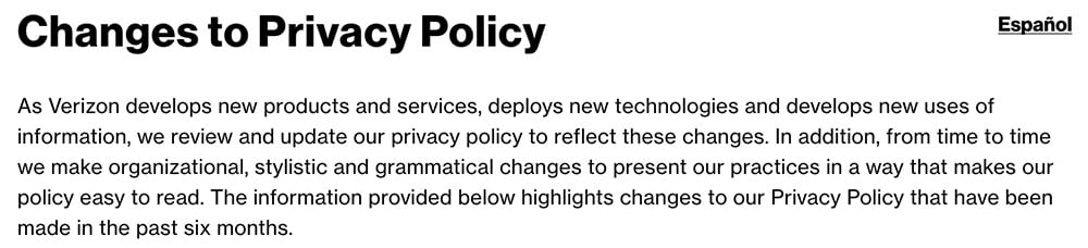 Verizon: Changes to Privacy Policy Clause