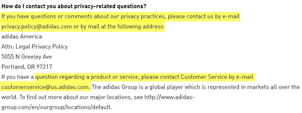 Adidas Privacy Policy: Contact clause