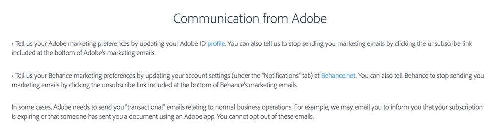 Adobe Privacy Policy: Communication from Adobe clause
