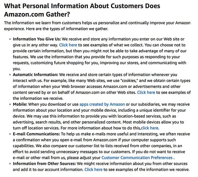 Amazon&#039;s Privacy Notice: Information Collected clause