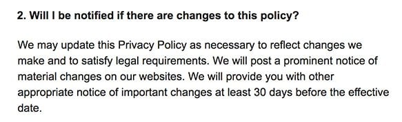 AT and T Privacy Policy: Notification of changes to the policy clause