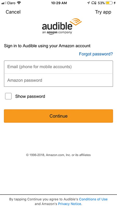 Audible&#039;s mobile app sign-in screen