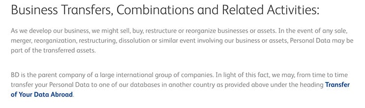 Becton, Dickinson and Company Privacy Policy: Business Transfers, Combinations and Related Activities clause