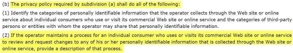 California Legislature Rules for allowing users to change personally identifiable information