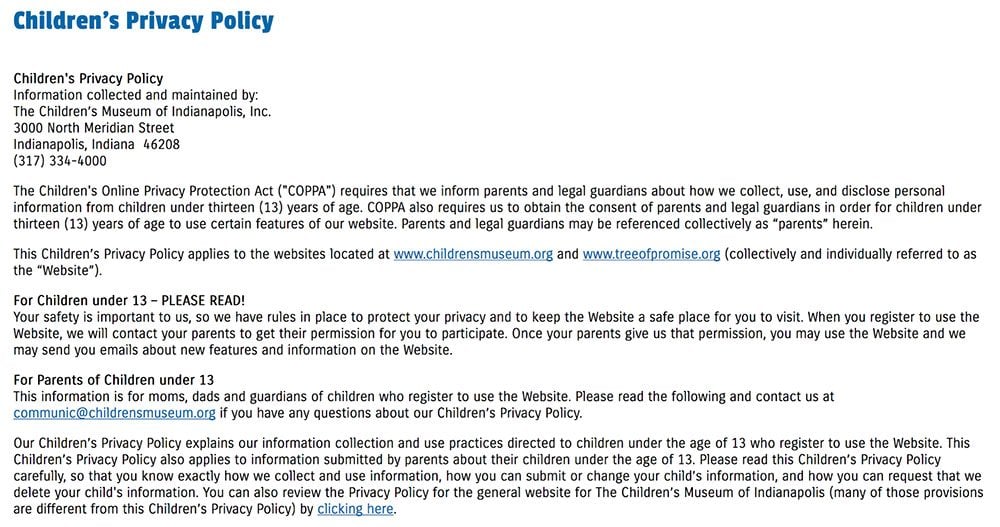 Children's Museum of Indianapolis: Children's Privacy Policy