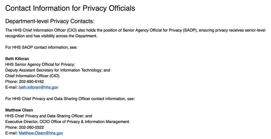 Department of Health and Human Services Privacy Policy: Contact Information for Privacy Officials clause