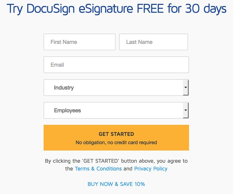 DocuSign account signup page showing Privacy Policy link