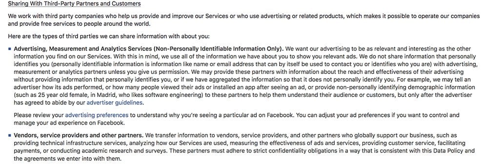 Facebook Privacy Policy: Sharing With Third Party Partners and Customers clause