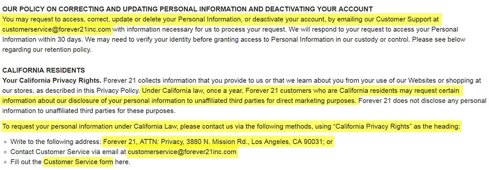 Privacy Policy of Forever 21: Correcting and updating personal information clause
