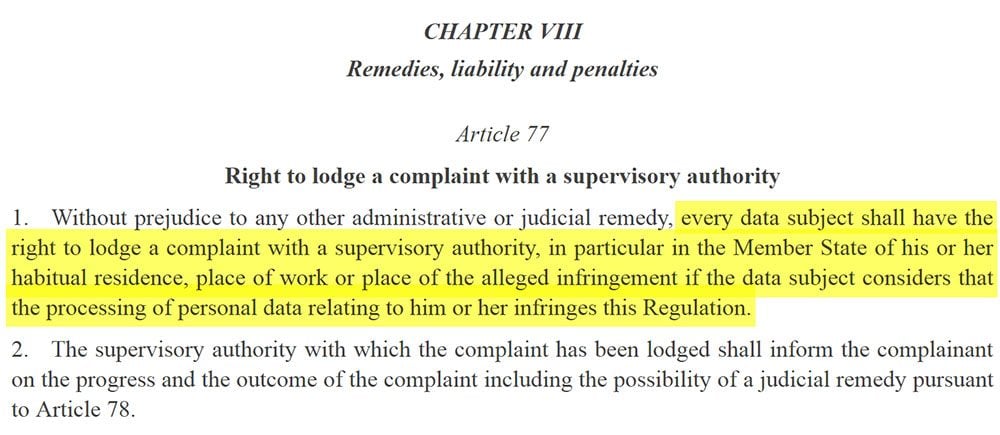 GDPR Chapter 8, Article 77: Right to lodge a complaint clause