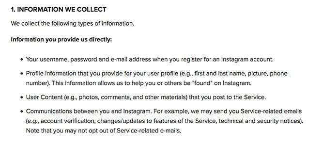 Instagram Privacy Policy: Information We Collect clause