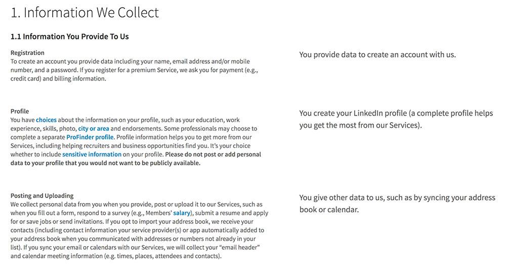 LinkedIn Privacy Policy: Information We Collect clause