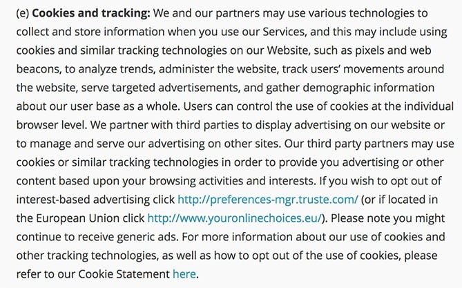 MailChimp Privacy Policy: Cookies and Tracking clause