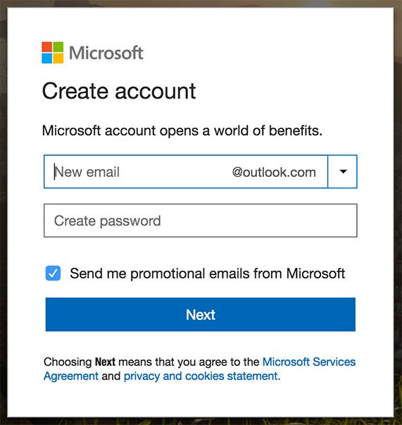 Microsoft: Create account registration form