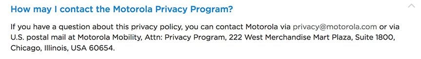 Motorola Privacy Policy: Contact Information clause