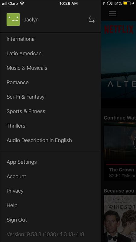 Netflix mobile app Settings menu