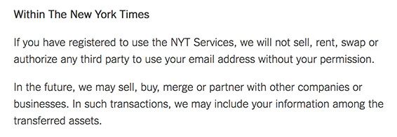 The New York Times Privacy Policy: Clause mentioning business transfers