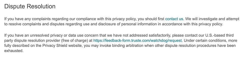 Oracle Privacy Policy: Dispute Resolution clause
