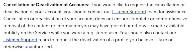 Pandora Privacy Policy: Cancellation or Deactivation of Accounts clause