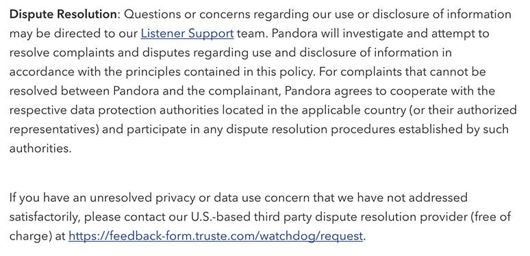 Pandora Privacy Policy: Dispute Resolution clause