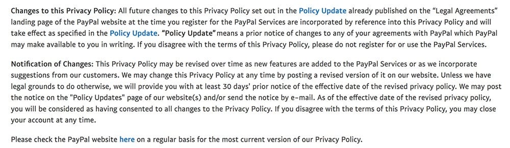 PayPal Privacy Policy: Notification of Changes to this Privacy Policy clause