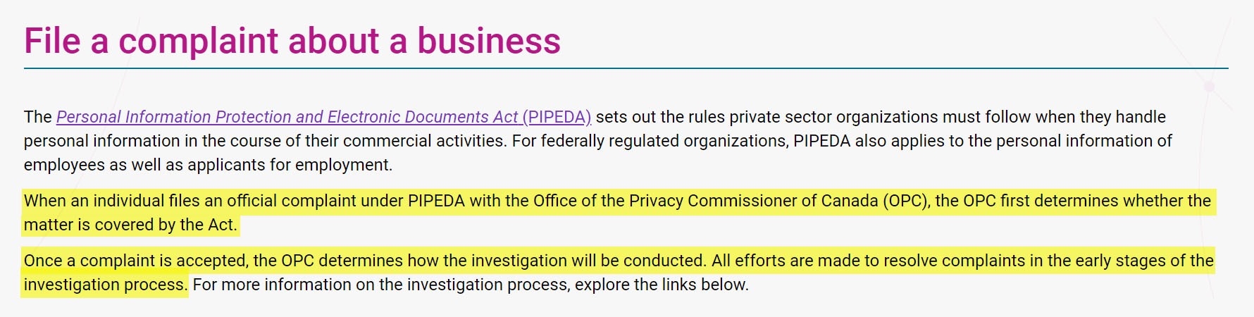 Procedure for filing a PIPEDA complaint against a business
