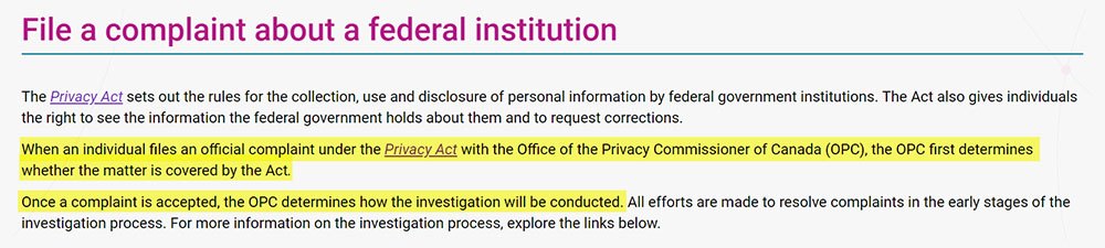 PIPEDA process for filing a complaint against a federal institution