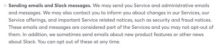 Slack Privacy Policy: Sending emails and Slack messages clause