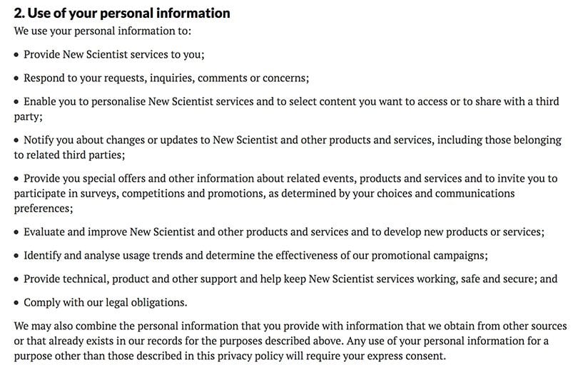 The New Scientist Privacy Policy: Use of your personal information clause