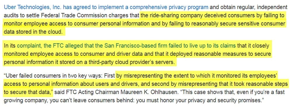 2017 online notice of Uber&#039;s Privacy deception complaint settlement