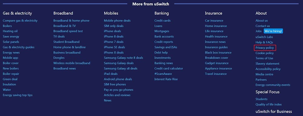 Screenshot of uSwitch footer with Privacy Policy Link